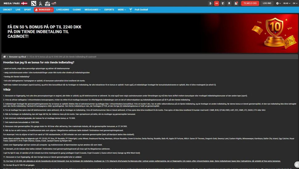 Megapari casino 50 % indbetalingsbonus