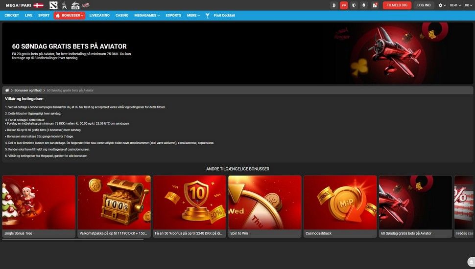 Megapari casino Søndag med gratis bets på Aviator