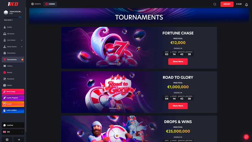 1red Casino turneringer
